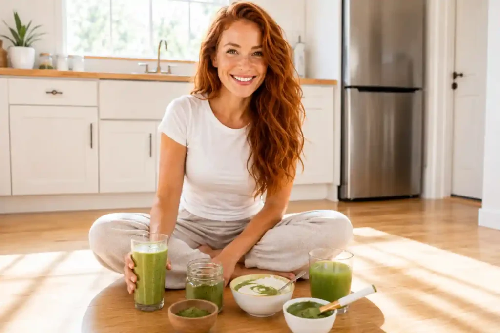 creative woman surrounded by different moringa preparation methods showing multiple ways to use moringa powder