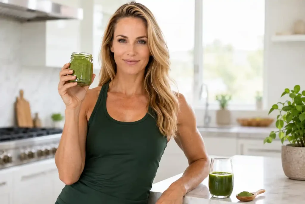 fit white woman holding moringa powder jar representing moringa health benefits for women
