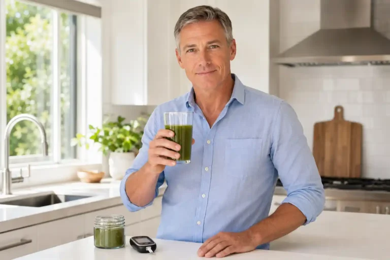 healthy 50 year old white man holding moringa water glass with blood glucose monitor representing moringa for diabetes blood sugar control