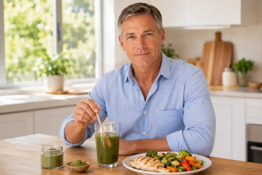 clean shaven man in his 50s stirring moringa powder into warm water before meal showing how to use moringa for blood sugar management