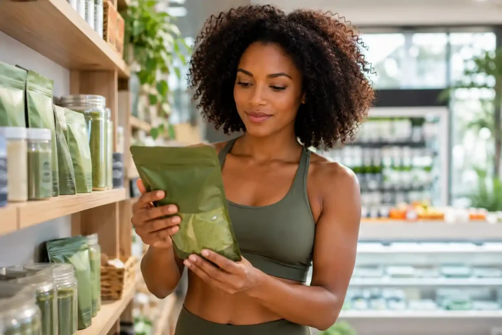 black woman carefully reading moringa powder label representing how to choose quality moringa powder