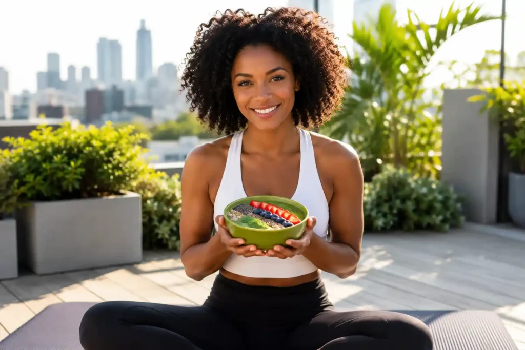 fit black woman holding moringa smoothie bowl outdoors representing moringa powder daily health benefits
