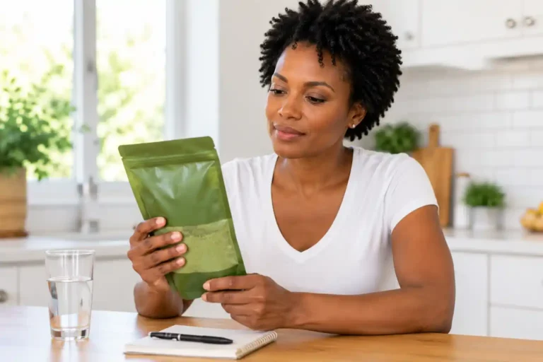 thoughtful black woman reading moringa powder label carefully representing moringa side effects and safety awareness