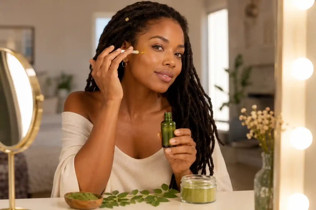 beautiful black woman applying moringa oil to glowing skin at vanity representing moringa skin benefits