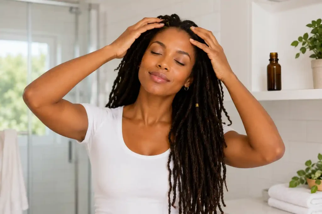 black woman massaging moringa oil into scalp representing moringa hair growth and scalp health benefits