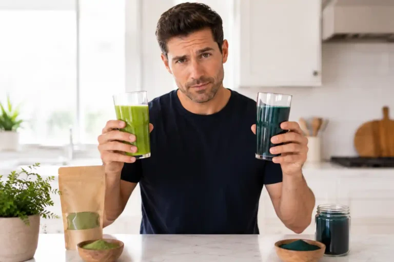 fit man holding moringa green water and spirulina blue-green water comparing moringa vs spirulina superfoods