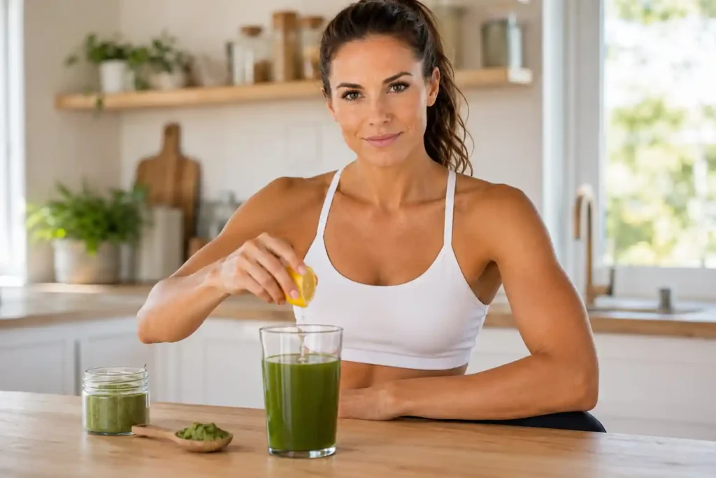 athletic woman squeezing lemon into moringa water showing how to use moringa powder for weight loss