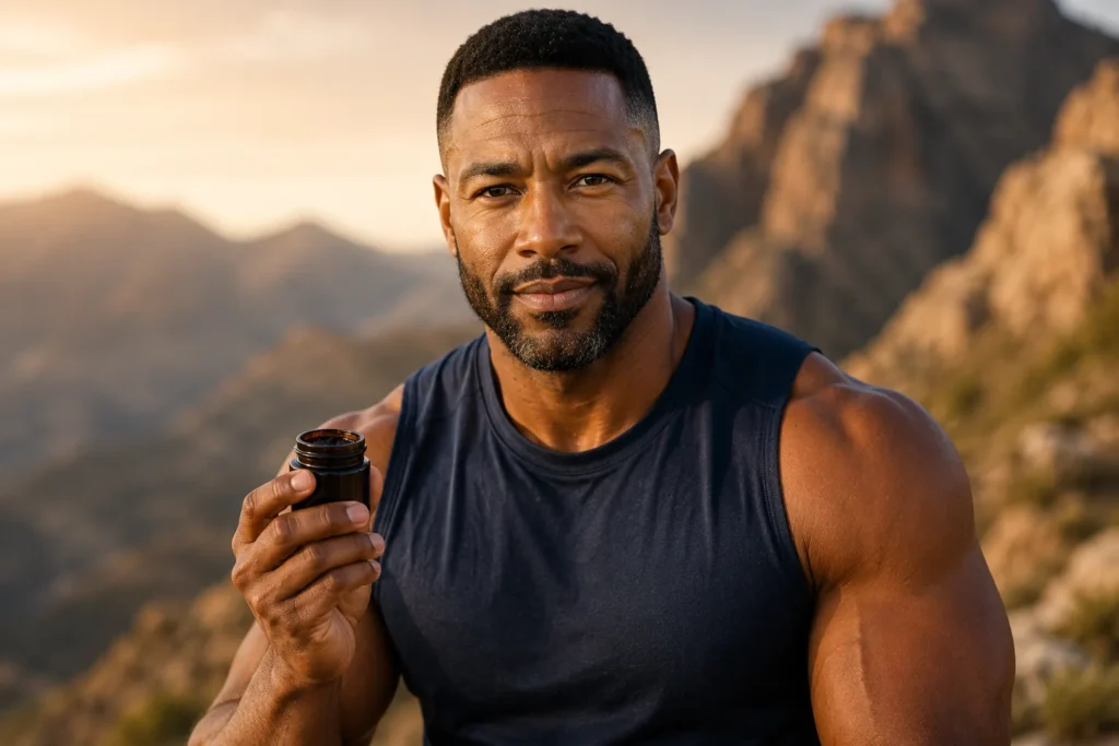 muscular black man holding shilajit jar showing shilajit benefits for men