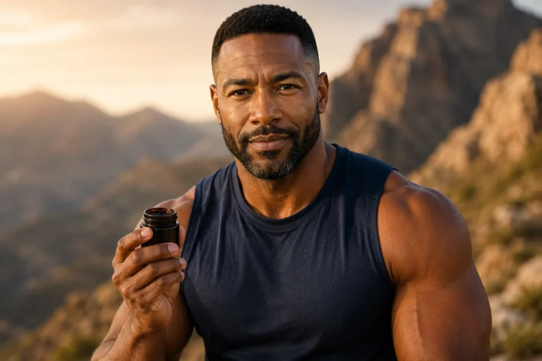 muscular black man holding shilajit jar showing shilajit benefits for men