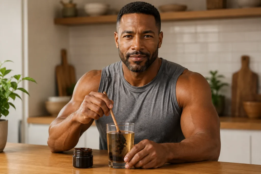 black man dissolving shilajit resin in warm water showing how men take shilajit