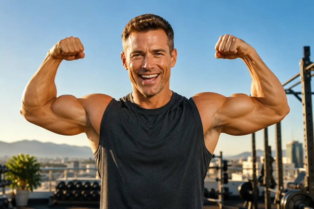 fit man with arms raised in victory pose at rooftop gym showing shilajit energy and stamina benefits