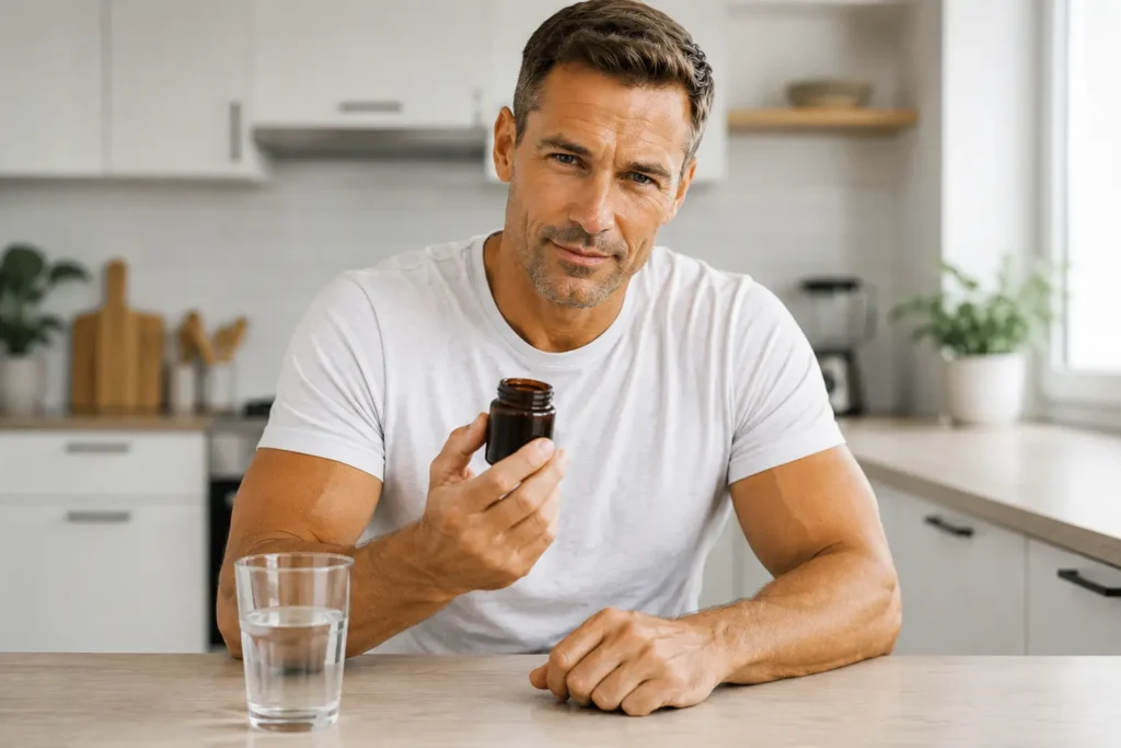 man carefully examining shilajit jar before taking it representing shilajit side effects and safety awareness