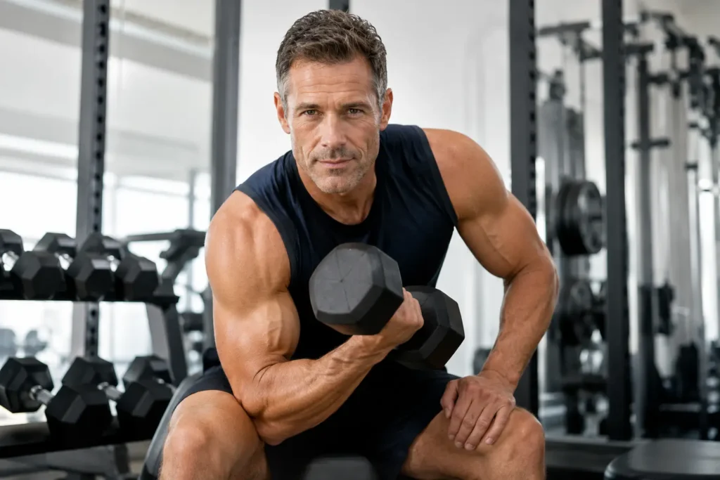 muscular man lifting dumbbells in gym representing shilajit testosterone benefits