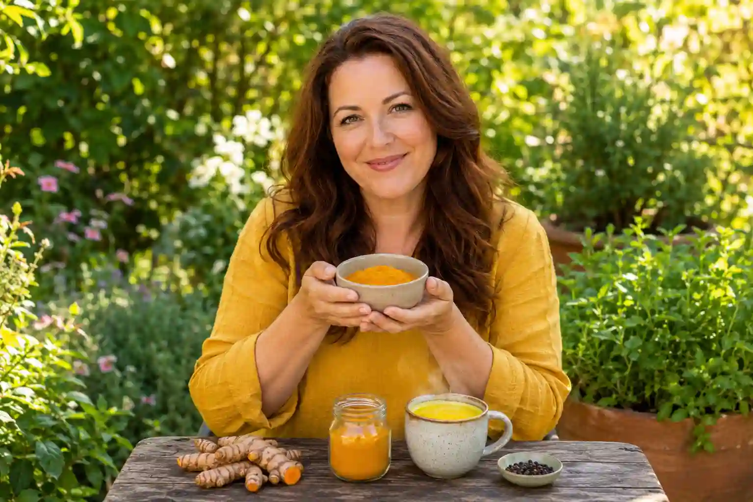 radiant white woman in golden top sitting at garden table holding ceramic bowl of turmeric powder representing turmeric health benefits for inflammation and wellness