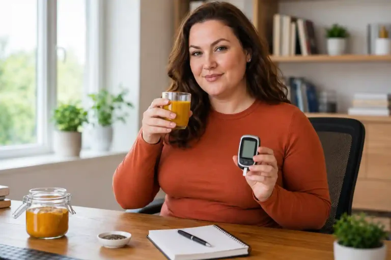plus-size white woman in terracotta top at home office desk holding glucose monitor and golden turmeric drink representing turmeric for blood sugar and diabetes management