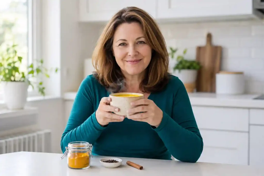 confident white woman in her 50s sitting at kitchen table holding steaming golden turmeric milk representing turmeric for inflammation and joint pain relief