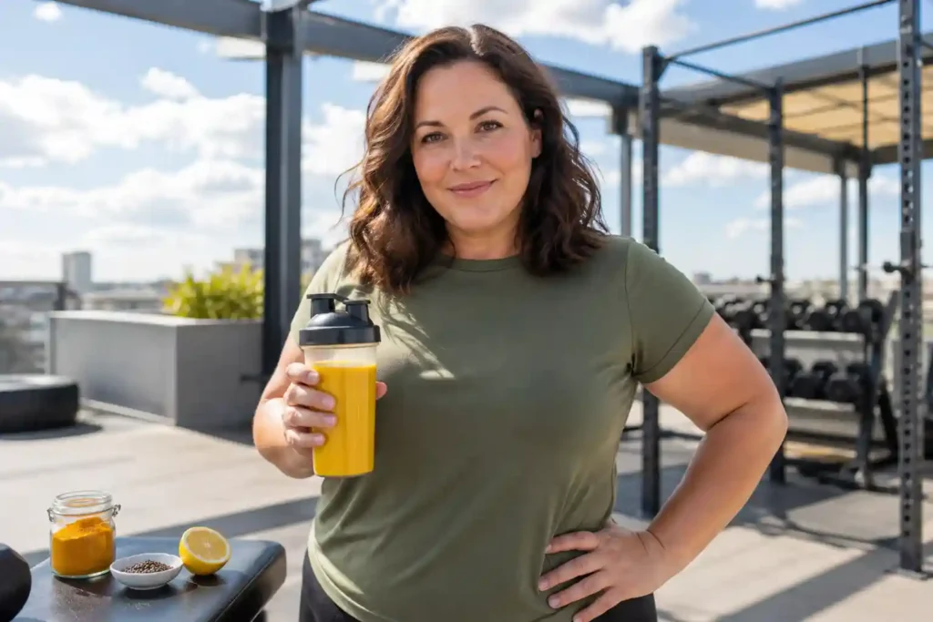 confident plus-size white woman in olive green t-shirt at open rooftop gym holding golden turmeric shaker drink representing turmeric for weight loss and metabolism