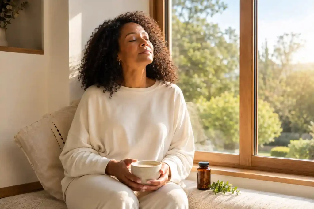 calm American woman in cream top sitting at sunny window seat with eyes closed holding warm bacopa milk cup with supplement bottle beside her representing bacopa monnieri for anxiety and stress relief