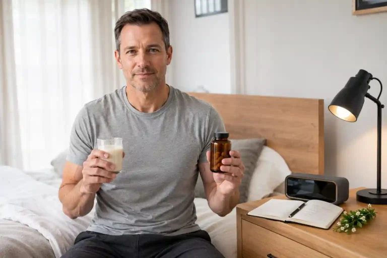 confident white American man in his 40s sitting on bed edge in morning bedroom holding bacopa monnieri supplement bottle and warm milk glass with journal on bedside table representing bacopa monnieri brain health cognitive and memory benefits