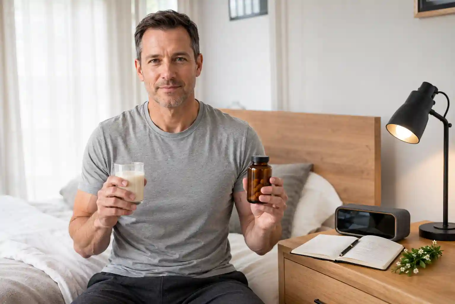 Confident white American man in his 40s sitting on bed edge in morning bedroom holding bacopa monnieri supplement bottle and warm milk glass with journal on bedside table representing bacopa monnieri brain health cognitive and memory benefits