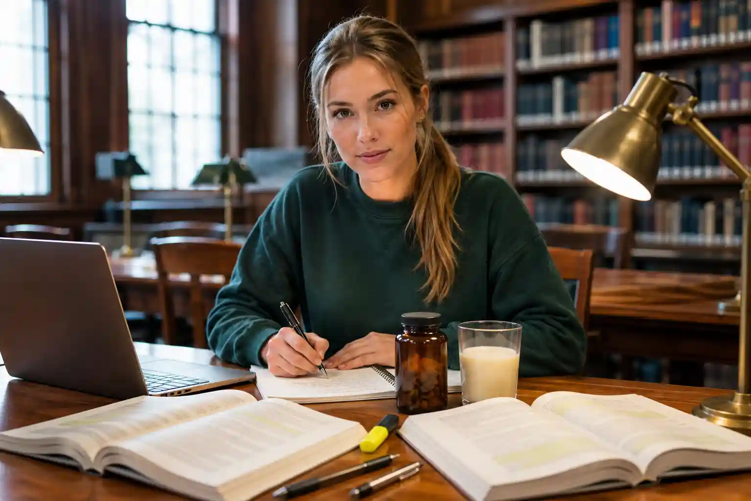 focused white American woman in forest green sweatshirt at university library desk with open textbooks laptop and bacopa monnieri supplement bottle representing bacopa for memory and learning improvement