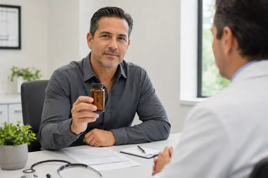 confident Hispanic man in charcoal shirt sitting at doctor's office desk holding bacopa monnieri supplement bottle consulting with physician representing bacopa monnieri side effects warnings and medication interactions including thyroid drugs
