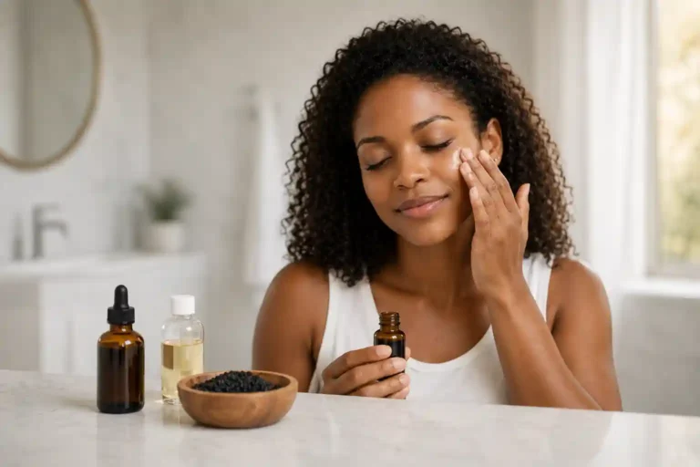 woman applying drops of dark amber black seed oil kalonji nigella sativa to her face from a dropper bottle in morning skincare routine beside wooden bowl of seeds