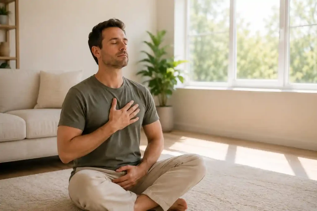 Man practicing box breathing technique to calm anxiety and stress
