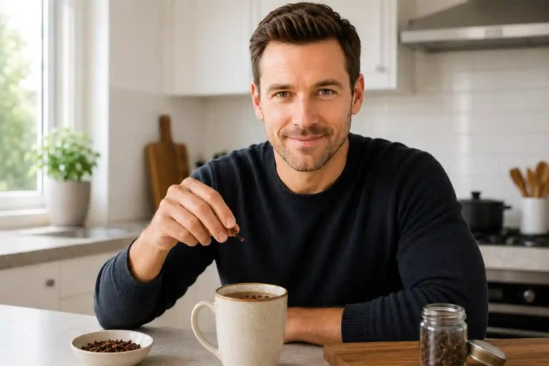Confident man holding cloves to prepare tea for men's health benefits