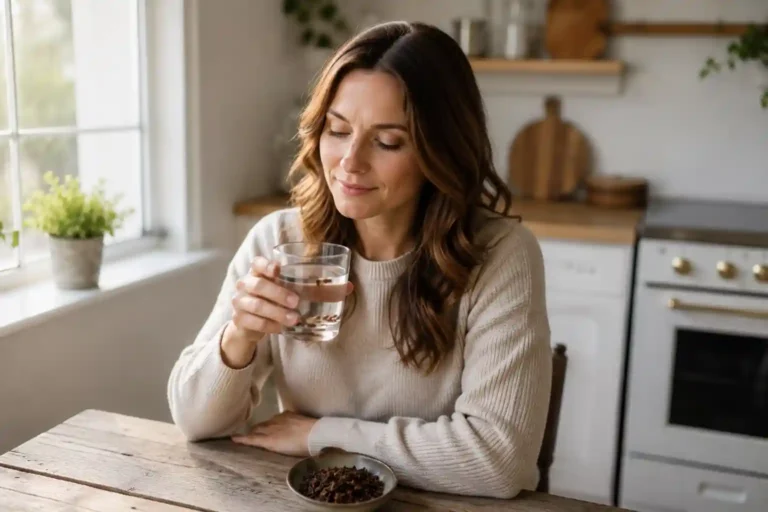 Woman holding a glass of clove water made with whole cloves