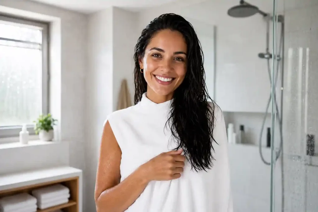Spanish woman stepping out of cold shower feeling energized and refreshed in the morning