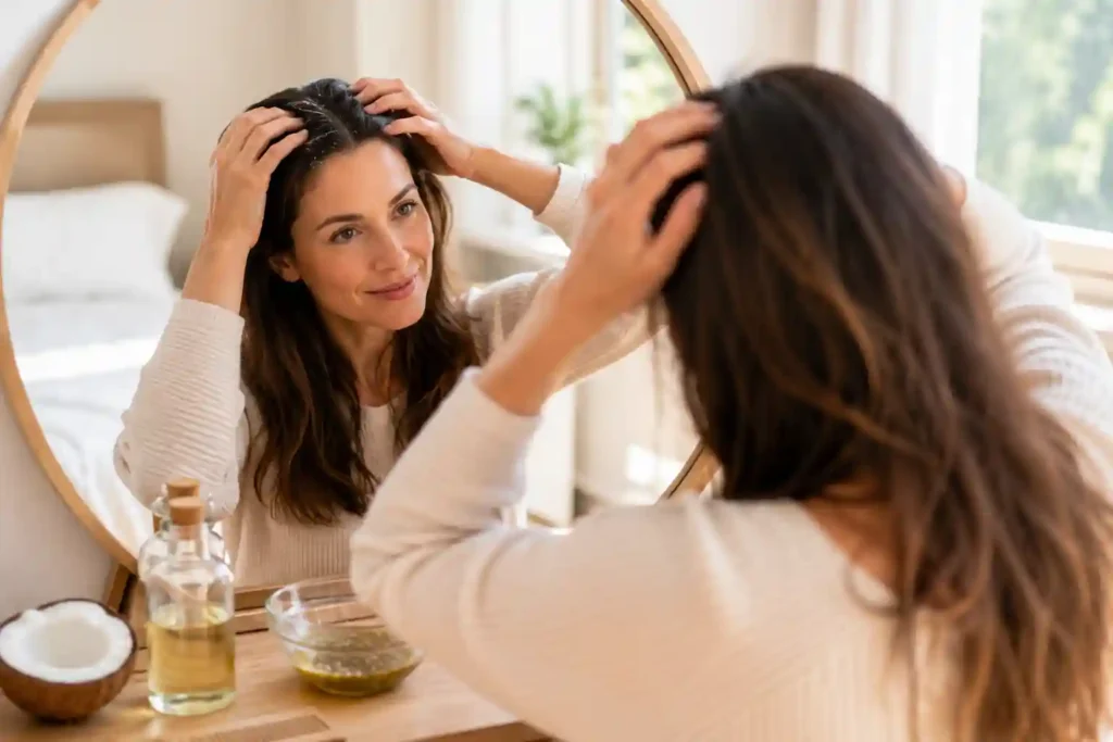 Woman massaging cumin seed oil into scalp at vanity mirror for natural hair loss treatment