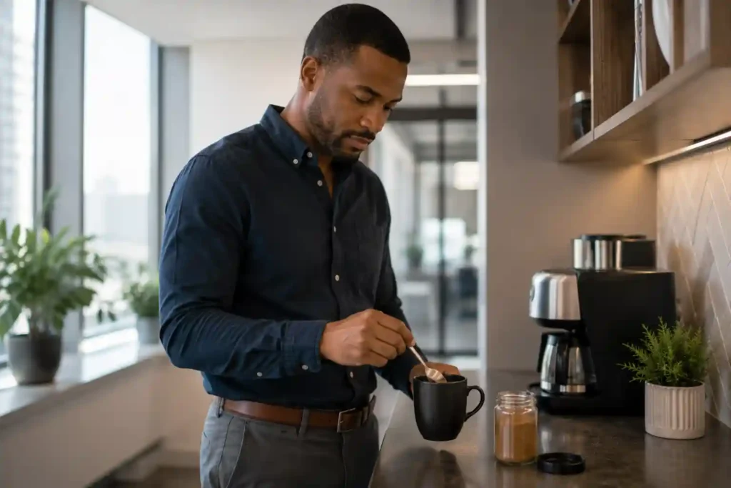 Black man stirring cumin powder into morning coffee at office kitchen for digestive and immune benefits