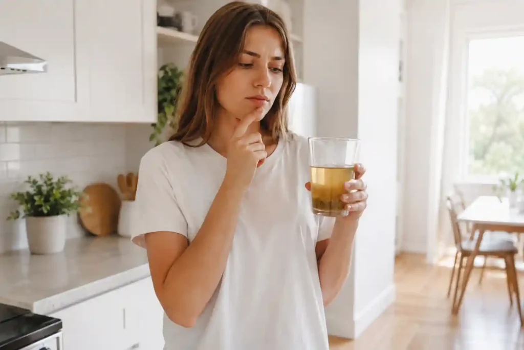 Woman holding a glass of cumin water looking concerned about cumin side effects