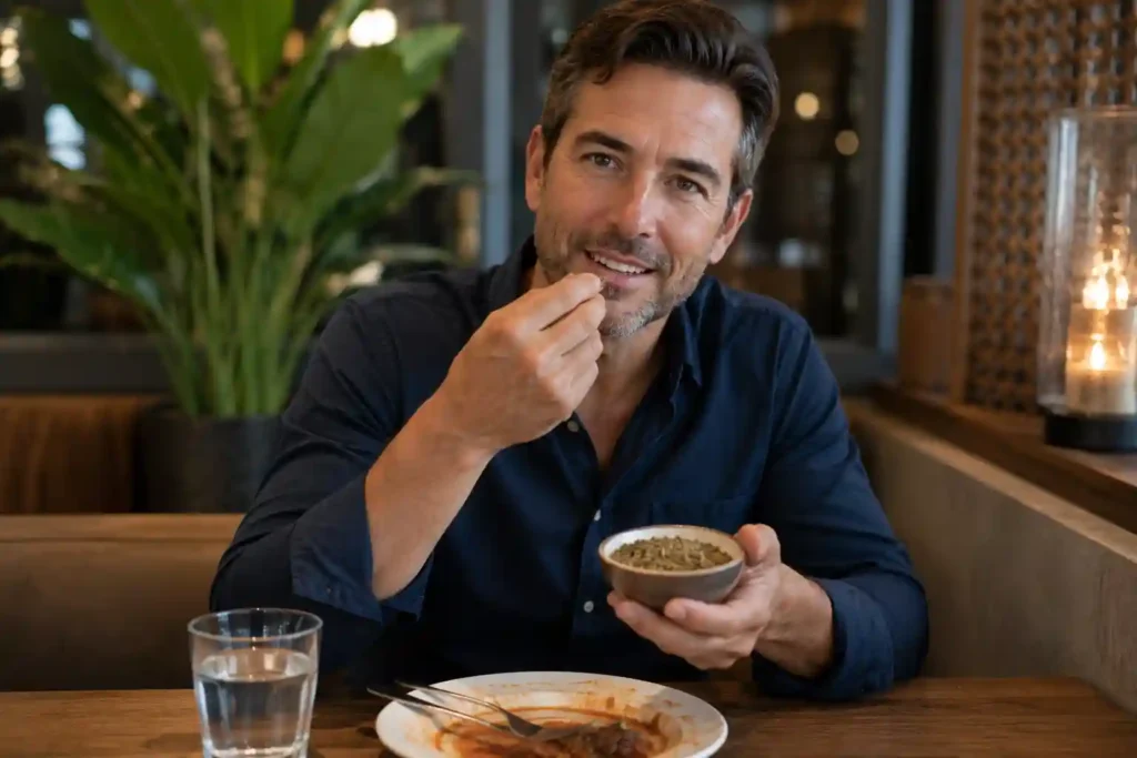Man chewing fennel seeds after a restaurant meal for natural bloating and gas relief