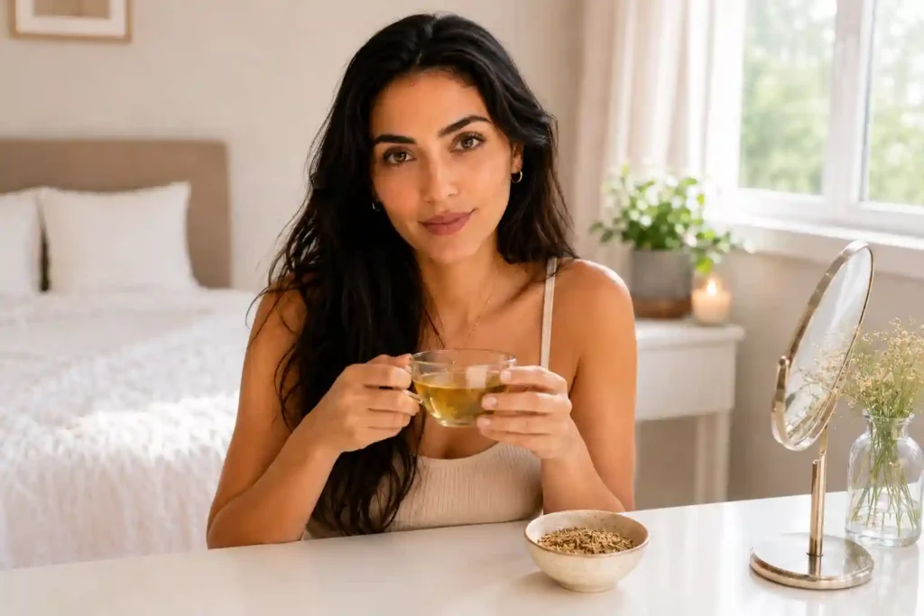 Spanish woman with beautiful dark eyes holding fennel tea for natural eye health support