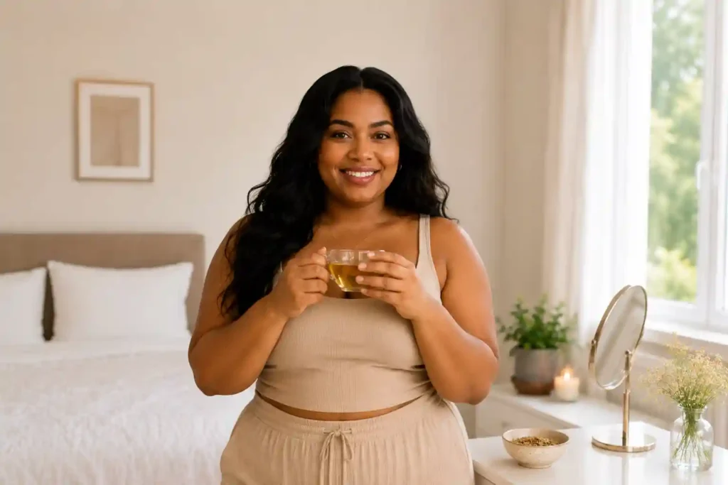 Black plus-size woman holding fennel water in bedroom for natural weight loss and appetite support