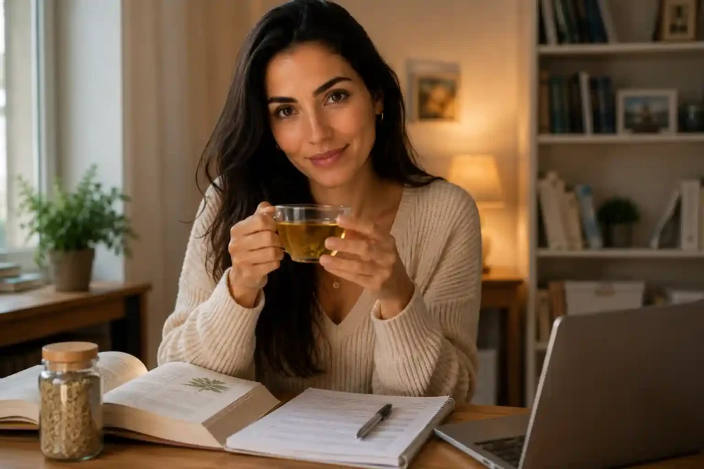 Spanish woman drinking fennel tea at study desk for digestion and hormonal health benefits