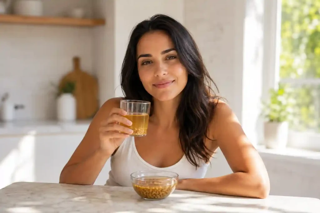 Spanish woman drinking fenugreek soaked water in the morning for natural digestive relief