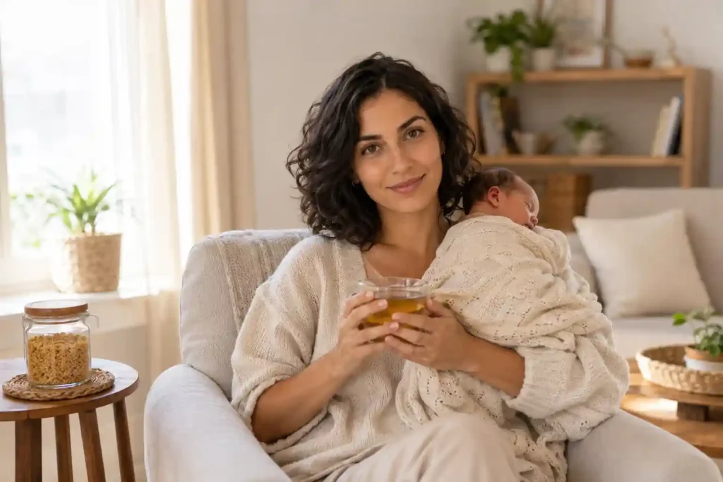 Spanish mother drinking fenugreek tea while holding baby for natural breast milk supply support