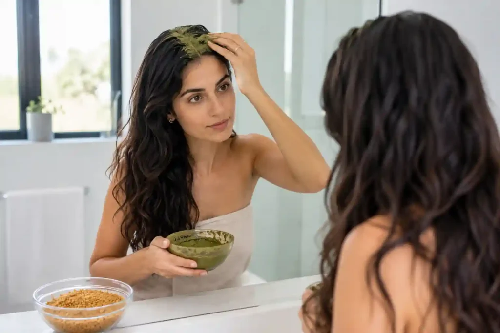 Spanish woman applying fenugreek hair mask to scalp for natural hair growth and reduced hair fall