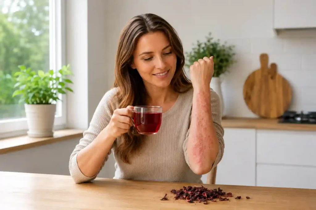 Woman with eczema on her arm smiling while holding a cup of hibiscus tea for natural itch relief