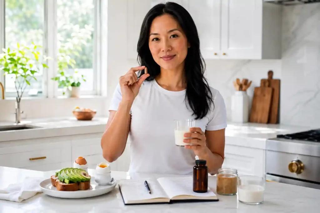 confident Asian American woman in white t-shirt at kitchen counter holding bacopa monnieri capsule between fingers with glass of warm milk avocado toast eggs and tracking journal representing how to take bacopa monnieri with fat for best absorption