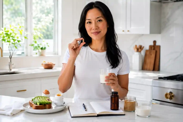 confident Asian American woman in white t-shirt at kitchen counter holding bacopa monnieri capsule between fingers with glass of warm milk avocado toast eggs and tracking journal representing how to take bacopa monnieri with fat for best absorption