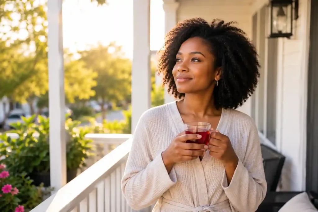 Black woman enjoying morning sunlight on balcony for better energy mood and sleep