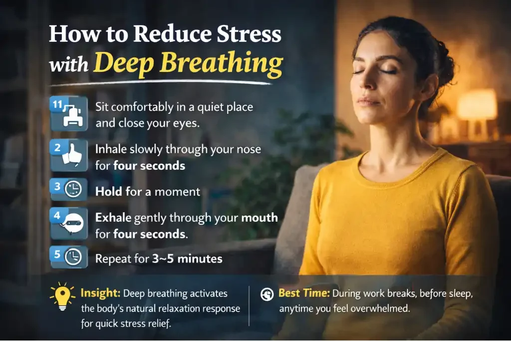 Infographic showing a woman practicing deep breathing with steps to inhale through the nose, hold briefly, and exhale slowly to reduce stress and relax the mind.