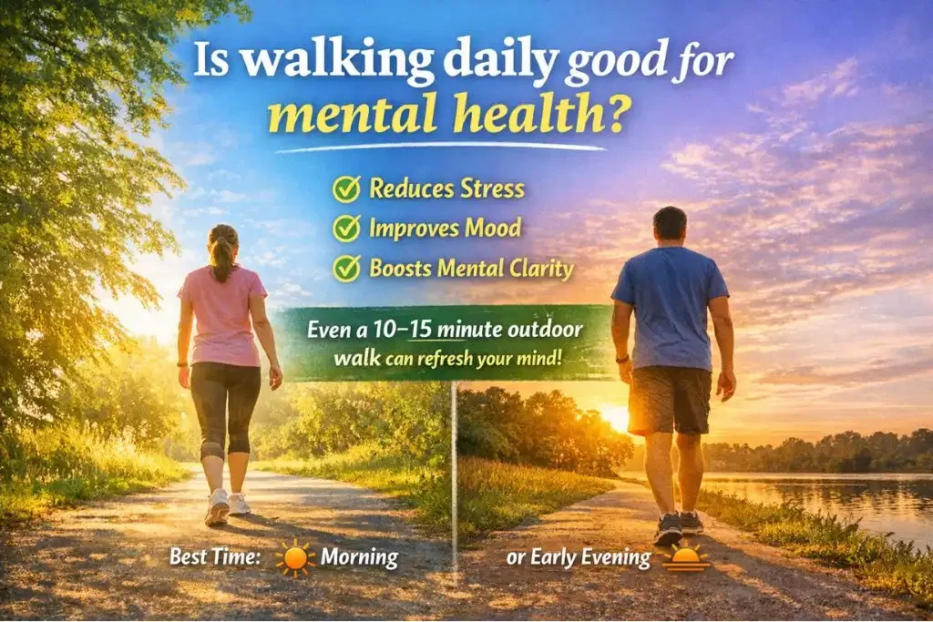 Infographic showing people walking outdoors in the morning and evening highlighting mental health benefits such as reduced stress, improved mood, and better mental clarity.