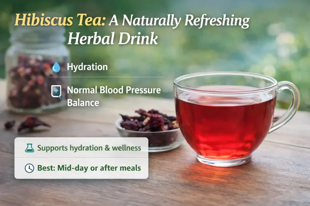 Cup of red hibiscus tea with dried hibiscus flowers highlighting hydration and herbal wellness benefits of this caffeine-free drink.
