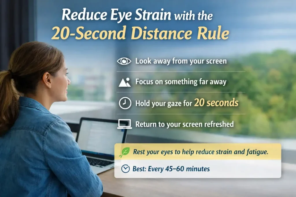 Person taking a short screen break and looking out a window to focus on a distant object, illustrating the 20-second distance rule to reduce digital eye strain.