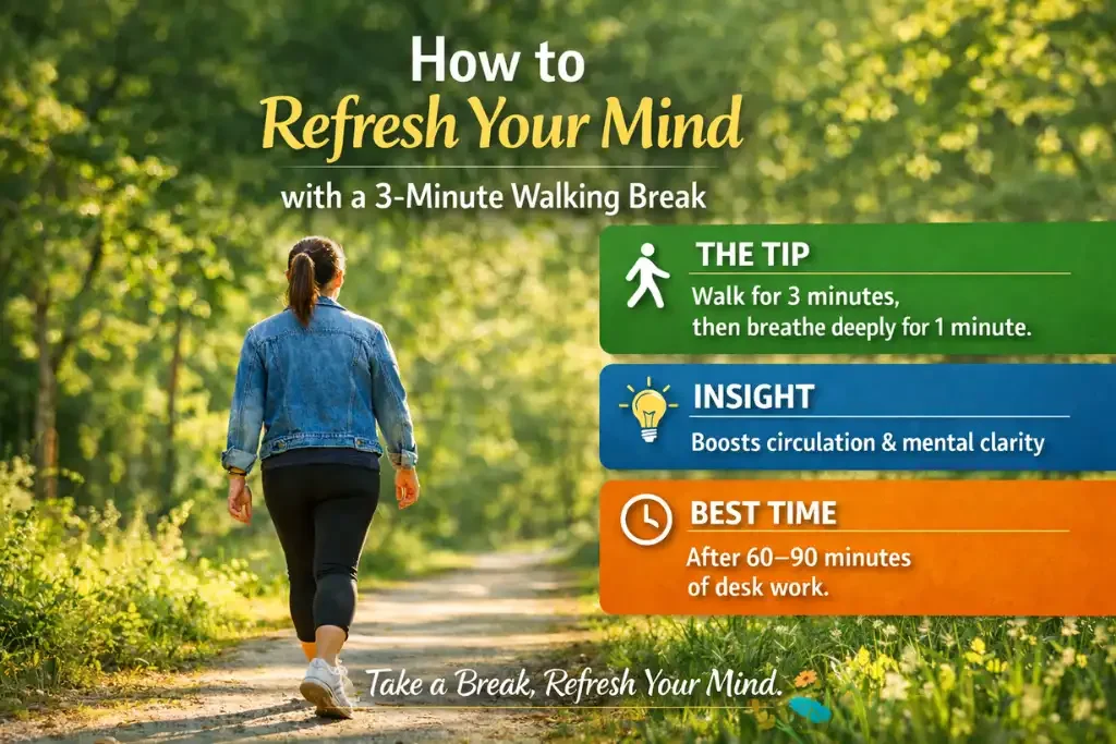 3 minute walking break daily health tip to refresh your mind and improve mental clarity